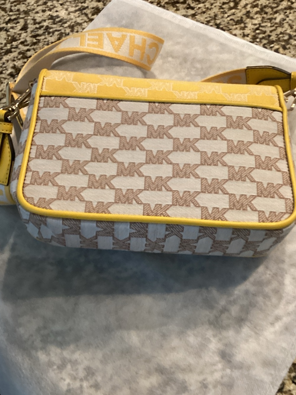 Michael Kors Yellow and White Signature Canvas Crossbody with Gold Hardware. - Picture 3 of 6
